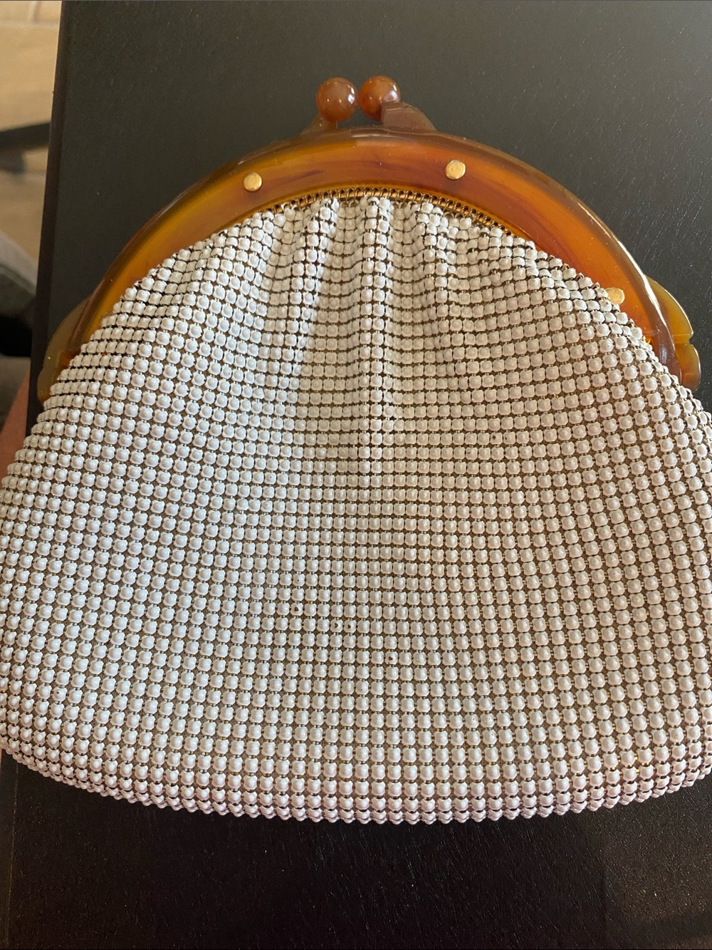 Whiting & Davis white metal mesh Bakelite Frame Clasp Evening Bag